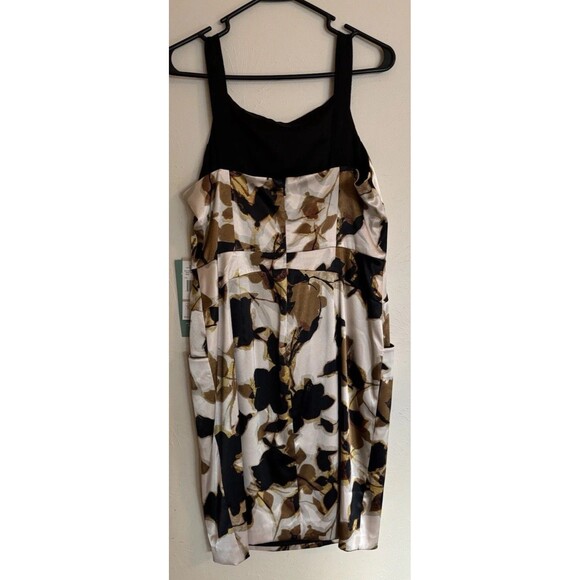 Nine & Co 12 Brown & Ivory Floral Sleeveless Satin A Line Dress With Pockets - Picture 2 of 6